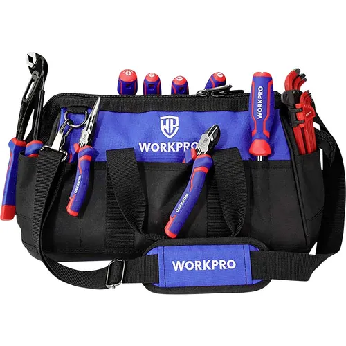 WorkPro WP281007 Werkzeugtasche unbestückt – Praktische Aufbewahrungslösung - Robuste Werkzeugtasche von WorkPro (L x B x H: 410 x 230 x 270 mm) mit verstellbarem Gurt für einfachen Zugriff. Ideal für Handwerkzeuge und Zubehör, mit stabiler Bodenplatte und zusätzlicher Außentasche.