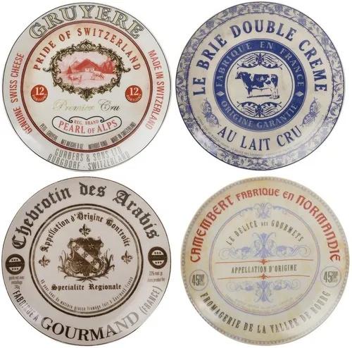 Set Of 4 Gourmet Cheese Porcelain Side Plates in Hat Box - Speiseteller, elegantes Design in Geschenkschachtel, ideal für Käseliebhaber und stilvolle Anlässe.