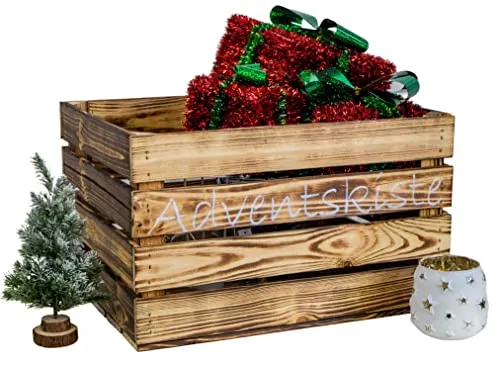 Kistenkolli Altes Land geflammte Adventskiste Weihnachtskiste mit Aufschrift Obstkiste Weinkiste Weihnachtsdeko Adventskalender (geflammt mit weisser Aufschrift, L 50 x 40 x 29cm)