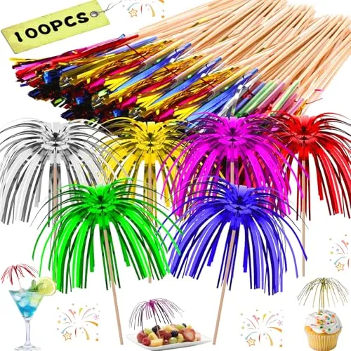 sus 100 Stück Cocktail Picks Feuerwerk Sticks, Bunte Frucht Zahnstocher, Palme Cocktail Picks, Dekoration für Cupcake Getränke Obst Dessert Canapes Topper, Geburtstag Hochzeitsfeier Lieferungen