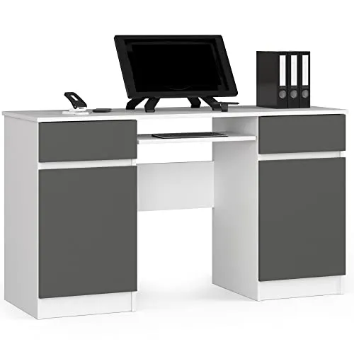AKORD PC-Schreibtisch A5 mit Tastaturablage - Schreibtisch mit viel Stauraum: 2 Schubladen und 2 Türablagen, B135 x H77 x T50 cm, ideal für Ordnung im Büro und viel Beinfreiheit.