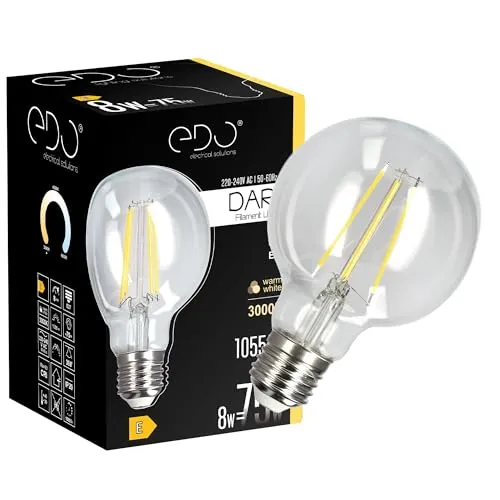 EDO Dekorative Glühbirne LED DARI E27 Filament 8W Warmweiß 3000K 1055lm CLEAR G80 Leuchtmittel Energiesparlampe Lampe Dekorative Ideal für Retro- und Industrial-Design