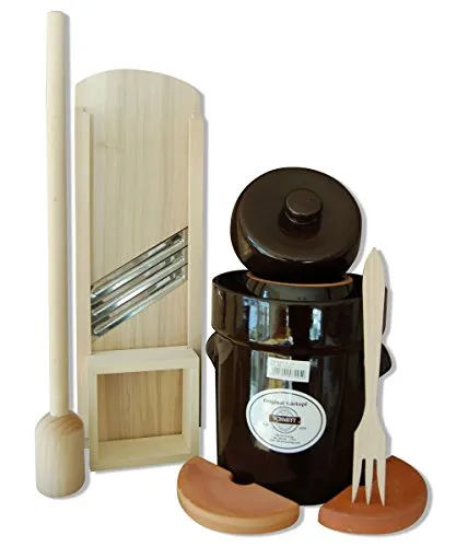 MS-Steinzeug 06706-1370 Gärtopf, Sauerkrauttopf 30 Ltr. + Krauthobel, Stampfer, Gabel Milchsäuregärung Einmachtopf ideal für Vegetarier Fermentation Rezepte Vitalstoffbooster