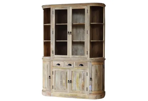 baario Buffet Schrank GUILLON halbrund aus braunem Massivholz - Eleganter Geschirrschrank im Landhausstil, gefertigt aus hochwertigem Mangoholz. Mit einer Breite von 150 cm bietet er viel Stauraum und ist sofort einsatzbereit – perfekt für Ihr Zuhause.