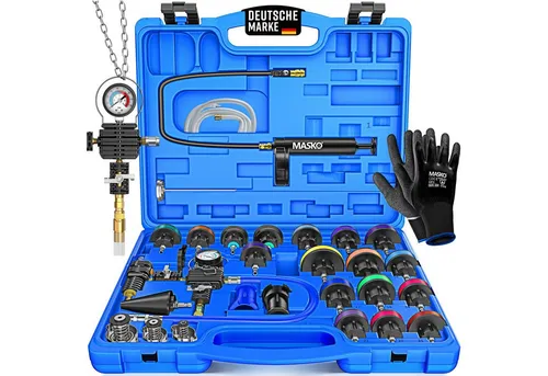 MASKO® Kühlsystem Tester & Abdrückgerät 28-teilig - Kühl- & Wasserpumpenwerkzeuge mit universellen Kühleradaptern und Vakuumpumpe für einfache Druckprüfung und Wartung des Kühlsystems, ideal für schnelle Montage ohne zusätzliche Werkzeuge.