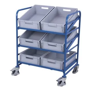 VARIOfit Eurokastenwagen sw-610.202 - Eurokastenwagen mit 3 Etagen und 6 Eurokästen, tragfähig bis 200 kg. Flexibel einstellbare Böden und robustes Stahlrohrdesign für optimale Nutzung im Lager oder Betrieb.