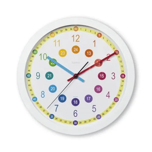 Hama Kinderwanduhr analog, 30 cm, zum Lernen (Wanduhr für Kinder, lautlose Lernuhr Kinder, Kinderuhr als Deko mit Regenbogen Farben für die Schule und Zimmer fürs Kind) weiß