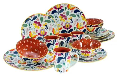 CreaTable 17407 Serie Folklore 16-teiliges Geschirrset - Kombiservice aus robustem Steinzeug, spülmaschinen- und mikrowellengeeignet mit fröhlichem, skandinavischem Blumendesign für jeden Anlass.