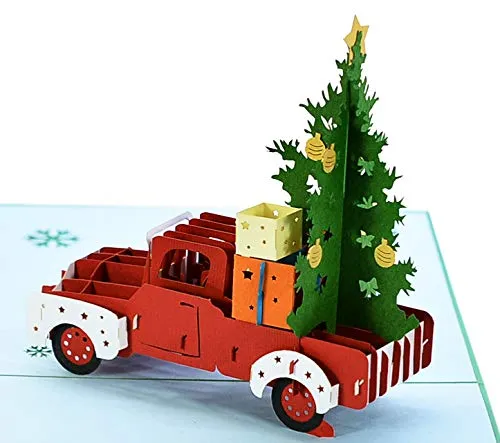 CUTPOPUP Baumauto Weihnachten– Weihnachtskarten 2024, Pop Up Karte Weihnachten, 3D Weihnachtskarten mit Umschlag, Weihnachtskarte (Tree Car Xmas) CN154DE