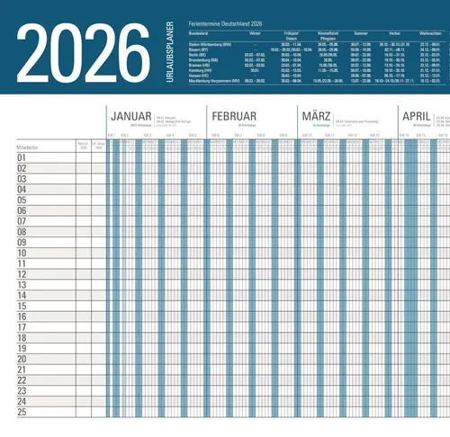 XXL Urlaubsplaner 2026 – Großer Personal- und Dienstplaner für Mitarbeiter - Kalender: Wandkalender in blau-weiß, 940x297mm, 12 Monate pro Seite, ideal für die Urlaubsplanung im Büro.