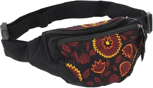 GURU SHOP Ethno Sidebag, Bestickte Boho Nepal Gürteltasche - Schwarz, Unisex - Erwachsene, Baumwolle, 13x20x4 cm
