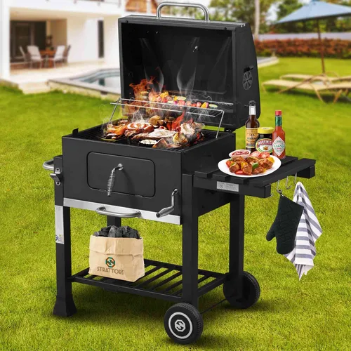 Strattore Holzkohlegrill XL - Verstellbarer BBQ Grillwagen mit Thermometer - Grills - Hochwertiger Holzkohlegrill aus pulverbeschichtetem Eisen mit verstellbarem Grillrost und integriertem Thermometer für perfektes BBQ-Erlebnis.