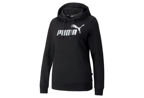 PUMA Damen Kapuzenpullover ESS+ Metallic Logo Hoodie TR 849096 - Hoodies mit silbermetallischem Druck, verstellbarer Kapuze und praktischer Kängurutasche für optimalen Tragekomfort und Stil.