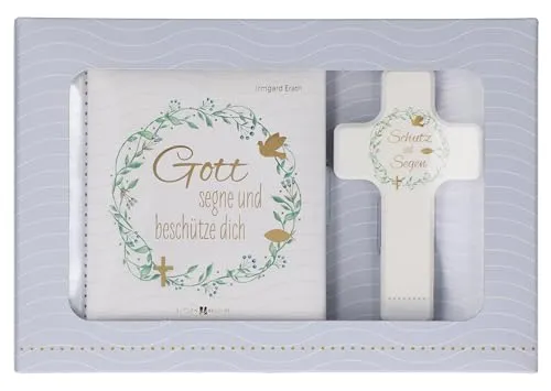 Produktbild Butzon & Bercker Geschenkset zur Taufe 15 x 22 x 2 cm – Holzkreuz aus Buchenholz weiß lackiert mit Taufspruch, gebundenes Buch 11 x 11 cm, Lieferung in Geschenkverpackung: Geschenkset