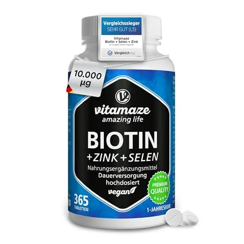 Biotin 10 mg hochdosiert + Zink + Selen Tabletten 365 St - rezeptfrei, fördert gesunde Haare und Nägel