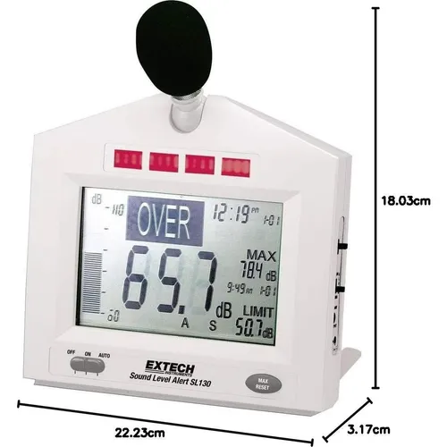 Extech SL130W Schallpegel-Messgerät - Präzises Lärm-Messgerät mit programmierbaren Grenzwerten und optischem Alarm für hohe Sichtbarkeit, ideal für Sicherheitsanwendungen und Lärmkontrolle.