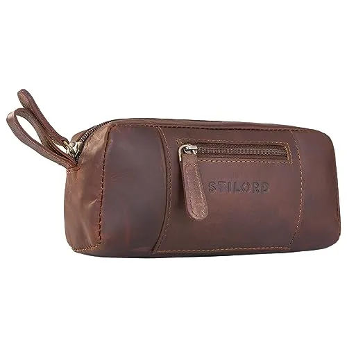 STILORD 'Ted' Kleines Etui Leder Vintage Federmäppchen Schlamperrolle Federmappe Schlampermäppchen Stifterolle Federtasche Federpenal Lederetui für Stifte Echtleder, Farbe:Cognac - Dunkelbraun