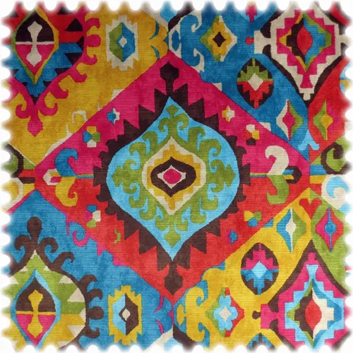Samt Velours Möbelstoff Kelim Fantasy mit Fleckschutz - Handtaschen aus strapazierfähigem Samtstoff mit 70.000 Scheuertouren und schmutz- sowie wasserabweisendem Fleckschutz – ideal für kreative Accessoires und stilvolle Designs.