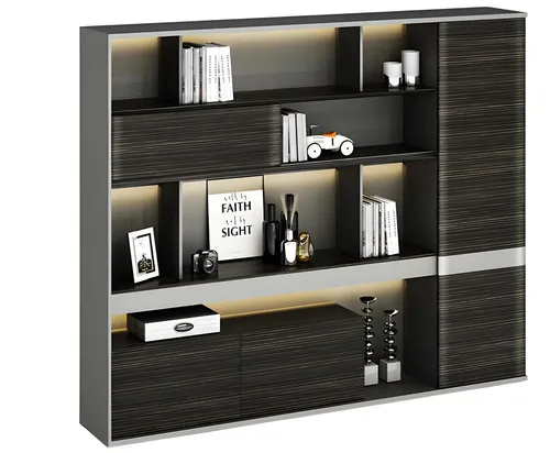 Modernes Aktenschrank Bücherregal aus Holz und Metall - Abteilung: Erwachsene, 7 Regalfächer und 3 Türen, mit integrierter Beleuchtung für stilvolle Akzente. Maße: 240 x 40 x 200 cm, ideal für modernes Wohnen.