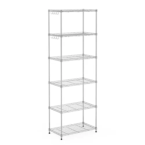 Mondeer Metallregal 6-Stufig mit 8-Haken - Höhenverstellbares Standregal mit 6 Fächern und 8 Haken für optimalen Stauraum in Küche, Bad oder Wohnzimmer. Stabil und langlebig, ideal für vielseitige Anwendungen.