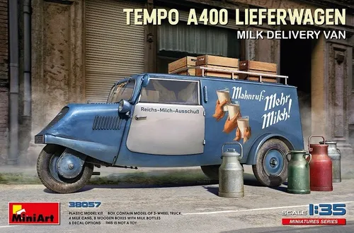 Mini Art 38057 1:35 Tempo A400 Lieferwagen Milch - Detaillierter Modellbausatz für Bastler - Auto-Modellbausätze, originalgetreue Nachbildung im Maßstab 1:35, ideal für kreative Hobbyisten mit bebilderter Anleitung zur einfachen Montage.