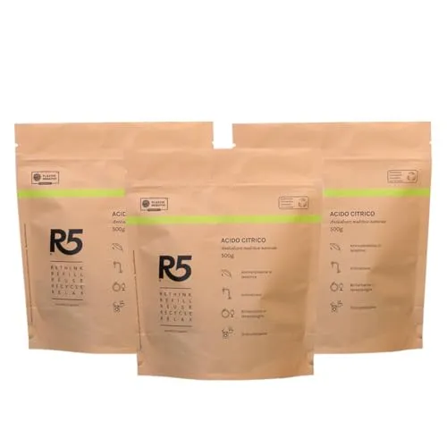 R5, Zitronensäure Pulver, 1,5 kg, Vielseitiger Entkalker, Entkruster, Klarspüler und Weichspüler, Geruchlos, Plastic Negative Certified mit Repurpose Global, 3 Packungen à 500 g