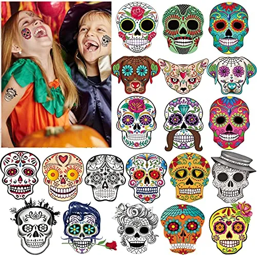 HOWAF Halloween Tattoo Kinder, Tag der Toten Temporäre Tattoos Set, 100 Stück Hautfreundlich Kindertattoos Totenkopf Aufkleber für Mädchen Junge Halloween Party Kindergeburtstag Mitgebsel