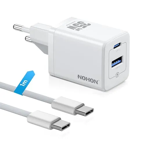 NOHON USB C Ladegerät Schnellladegerät: 35W Netzteil USB C mit 60W Typ-C 1M Ladekabel, 2-Port GaN Handy Ladestecker Kompatibel mit iPhone 17/16/15/14/13/12 iPad Mini Pro Max Samsung S26 S25 S24 (Weiß)