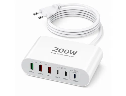 Vivitar 200W Ladegerät mit 6 Anschlüssen, GaN-Schnellladegerät, 100W USB-C-PD USB-Ladegerät (inklusive eines 1,5 m langen, abnehmbaren Verlängerungskabels, für Tablets, Smartphones, Laptops, Smartwatches, Kopfhörer, Powerbanks, mit USB-A-Multiport, USB-C-Power-Delivery-Ladeadapter)
