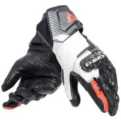 Dainese Carbon 4 Handschuhe lang Damen - Schwarz/Weiß/Neon-Rot - L - Hochwertige Motorradhandschuhe aus Ziegenleder mit Carbon-Knöchelprotektoren, DCP-System zum Schutz des kleinen Fingers und perfektem Komfort für sportliche Fahrerinnen.