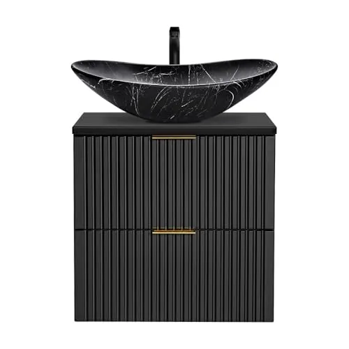 Lomadox Badezimmer Waschtisch 61cm – Matt Schwarz mit Marmoriertem Keramik-Waschbecken