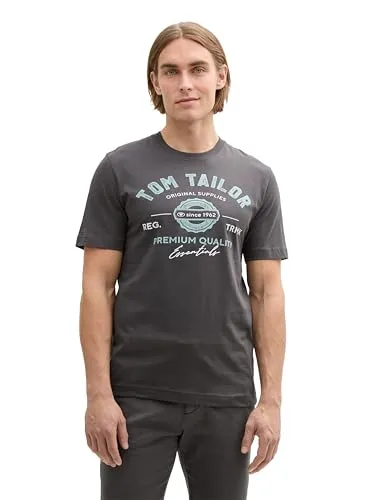 TOM TAILOR Herren T-Shirt mit Logo-Print aus Baumwolle, Tarmac Grey, XL
