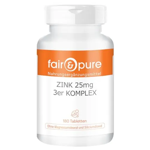 Fair & Pure Zink 25mg 3er Komplex, 180 Stück, 25mg pro Tablette, schluckfreundlich, veganes Nahrungsergänzungsmittel ohne Zusätze, in Deutschland hergestellt