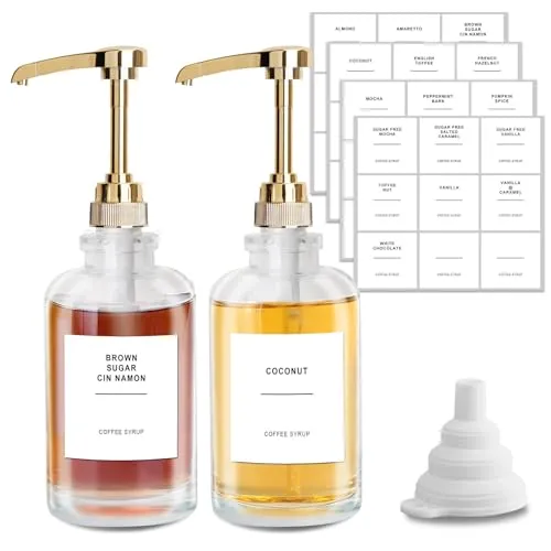 sunal Kaffee Sirup Spender,Golden 500ml/16,9 oz Glas Sirup Spender,2er Pack Sirup Pump Spender Flasche,mit 1/4oz große Kapazität Pumpe und 36 wasserdichte Etiketten&Silikon Trichter