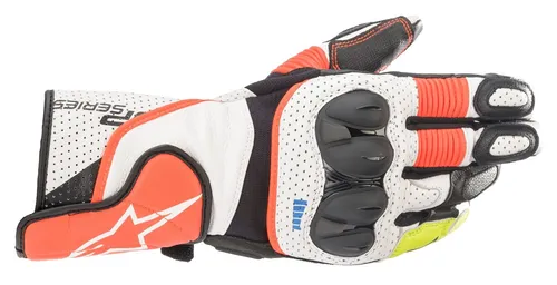 Alpinestars SP-2 V3 Handschuh weiß/rot-fluo/schwarz S - Motorradhandschuhe mit Vollnarbenleder-Chassis und robustem TPU-Knöchelschutz für maximalen Aufprallschutz. Ideal für Sport- und Naked-Bike-Enthusiasten.