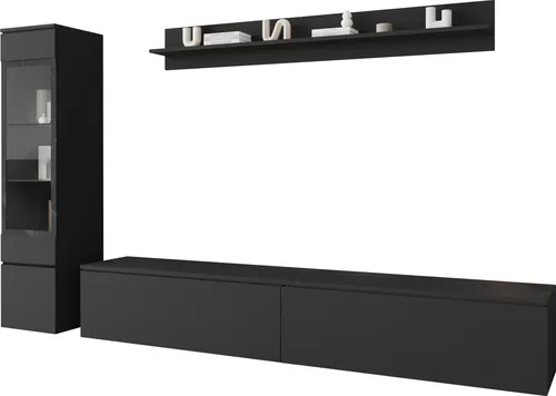 MIRJAN24 Wohnwand Vera I - Stilvolles Wohnzimmer-Set in Schwarz - Moderne Wohnwand Vera I für ein elegantes Wohnzimmer, universell einsetzbar mit dekorativen Glaseinlegeböden und ohne Griffe für einen minimalistischen Look.