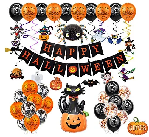 Fontee® 60er Halloween Party Deko Set: Luftballons, Banner, Spinne, Fledermaus, Hexe, Kürbis, Ghost - Folienballon & Latex Ballon für Halloween Bar Wohnaccessoires