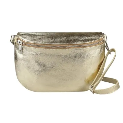OBC Made in Italy Damen Leder Tasche Gürteltasche Crossbody Hüfttasche Bauchtasche Umhängetasche Cross-Over Bodybag Schultertasche Handytasche (Gold)