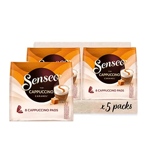 Senseo Pads Cappuccino Caramel, 5 x 8 Getränke - Genießen Sie das sanfte Aroma mit feiner Karamelnote. Ideal für Ihre SENSEO Pad-Maschine, perfekt für köstliche Kaffee- und Milch-Spezialitäten.