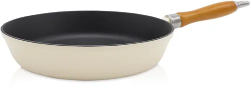 Krüger Bratpfanne Einsenguss Pfanne SAVANNA - Gusseisen Bratpfanne, ideal für Induktionskochfelder, schnitt- und kratzfest mit stilvollem Holzgriff, Durchmesser 24 cm, perfekt für gleichmäßiges Braten.