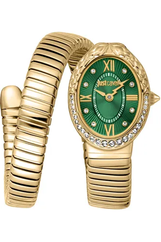 Just Cavalli Damenuhr - Signature Snake in Gold und Dunkelgrün - Elegante Damenuhr mit Quarzwerk, poliertem Edelstahlgehäuse und stilvollem grünen Zifferblatt. Ideal für moderne Frauen, die Akzente setzen möchten.