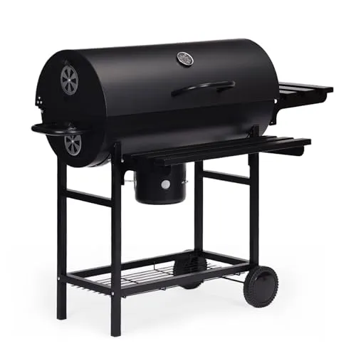 Holzkohlegrill XXL mit Deckel und Thermometer, GRILLFLÄCHE 70 X 35 CM, Gartengrill mit Ascheauffangbehälter, Grillwagen mit klappbaren Seitenablagen, für Garten, Terrasse, Balkon und Outdoor