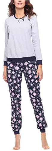 Merry Style Damen Lang Zweiteiliger Schlafanzug - Schlafanzüge für Damen aus hochwertiger Baumwolle; atmungsaktiv und bequem, perfekt für Herbst und Winter. Ideal als Weihnachtsgeschenk mit praktischen Taschen und dekorativen Aufnähern.