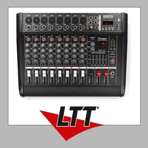 Vonyx AM8A 8-Kanal-Mischpult mit Verstärker und DSP - Vonyx AM8A Mischpult mit 2x 500W-Verstärker, ideal für Live-Performances. Mit 8 Eingängen und 16 digitalen Effekten bietet es umfangreiche Möglichkeiten für kreative Audiogestaltung.