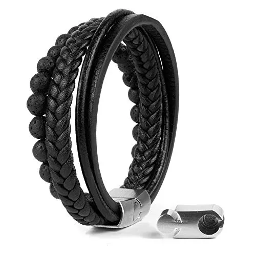 Akitsune Bellum Synthetisches Perlen Lederarmband - Elegantes Herrenarmband mit Magnetverschluss - Hochwertiges geflochtenes Armband aus Kunstleder mit sicherem Edelstahl-Magnetverschluss. Perfekt für jeden Anlass und als stilvolles Geschenk in schöner Schmuckschachtel. Erhältlich in verschiedenen Größen.