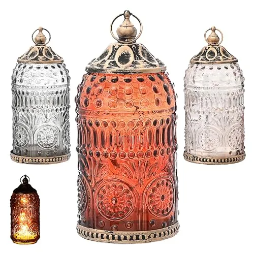 LED Leuchte 3er Set orientalische Ornamente | Glas Metall Ø7,5cm H15cm grau braun rosé | Windlicht 5 LEDs batteriebetrieben(3er Set LED Leuchte Ø7,5xH15cm grau braun Rose)