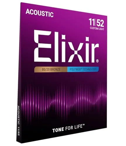 Elixir® 11025 Saiten 80/20 Bronze Akustik-Gitarrensaiten mit POLYWEB® Beschichtung, Custom Light (.011-.052),