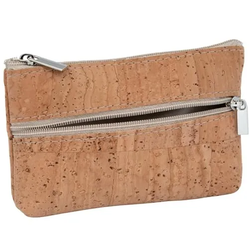 SIMARU Münzgeldbeutel/Kork Geldbeutel Mini, Slim Wallet, Geldbörse mit 2 Reißverschlussfächern für Karten, Scheine & Münzen, nachhaltiges Portemonnaie