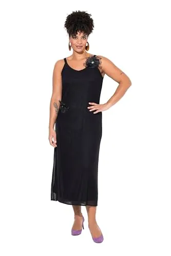 MIAMODA Damen große Größen Übergrößen Plus Size Mesh-Maxikleid, A-Linie, abnehmbare 3D-Blüten schwarz 44 839870100-44