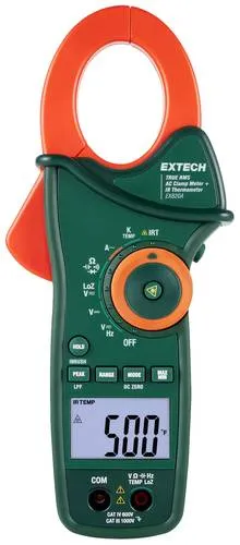 Extech EX820A Stromzange digital IR-Thermometer - Multimeter mit CAT IV 600V Sicherheit, ideal für präzise Messungen in elektrischen Anlagen und berührungslose Temperaturmessungen mit integriertem IR-Thermometer.